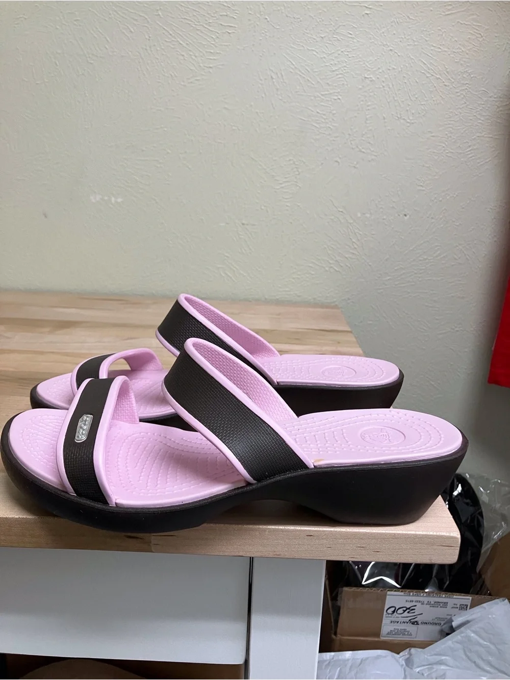 CROCS Two-Strap Slide Sandals in Light Pink and Dark Brown